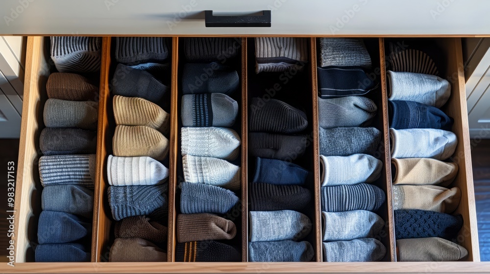An organized drawer full of neatly rolled socks in various colors. An organized drawer full of neatly rolled socks in various colors.