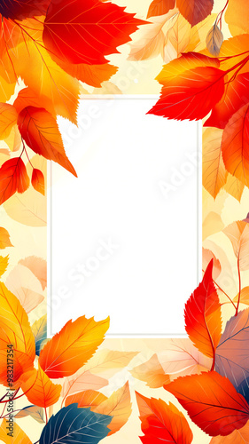 Vertical banner design with large white rectangular space in center for text or promotional content. Surrounding space are colorful fall leaves of red, orange, yellow, deep green create seasonal frame