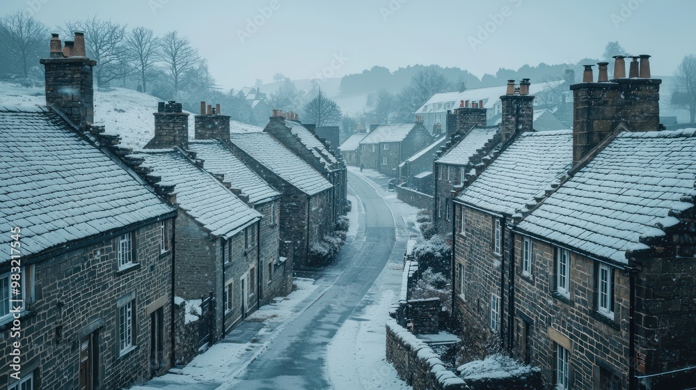 Fototapeta premium A panoramic winter view of a small town with uniform stone houses, their thick walls holding back the cold, as a gentle snow falls over the quiet streets