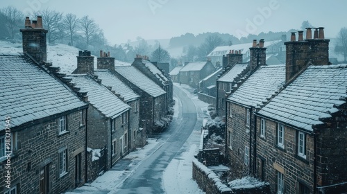 Fototapeta Naklejka Na Ścianę i Meble -  A panoramic winter view of a small town with uniform stone houses, their thick walls holding back the cold, as a gentle snow falls over the quiet streets