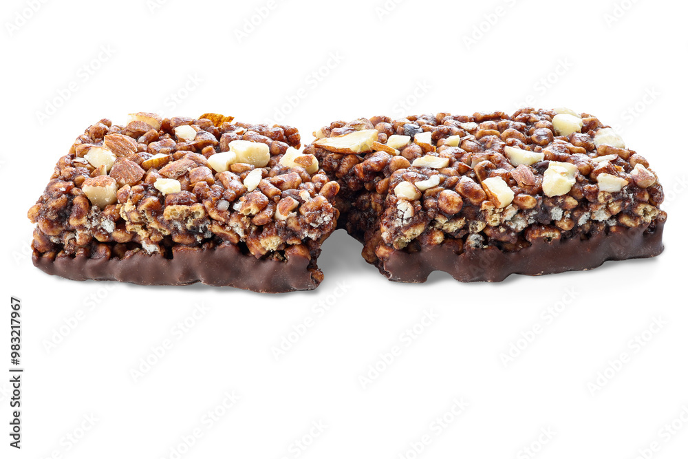 Chocolate protein bars with nuts, cereal and granola isolated on transparent background, high protein sports nutrition Chocolate protein bars with nuts, cereal and granola isolated on transparent background, high protein sports nutrition