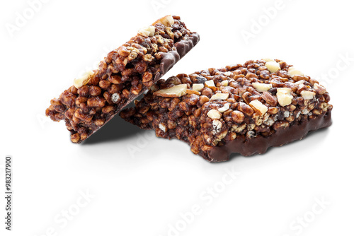 Chocolate protein bars with nuts, cereal and granola isolated on transparent background, high protein sports nutrition