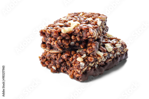 Chocolate protein bars with nuts, cereal and granola isolated on transparent background, high protein sports nutrition