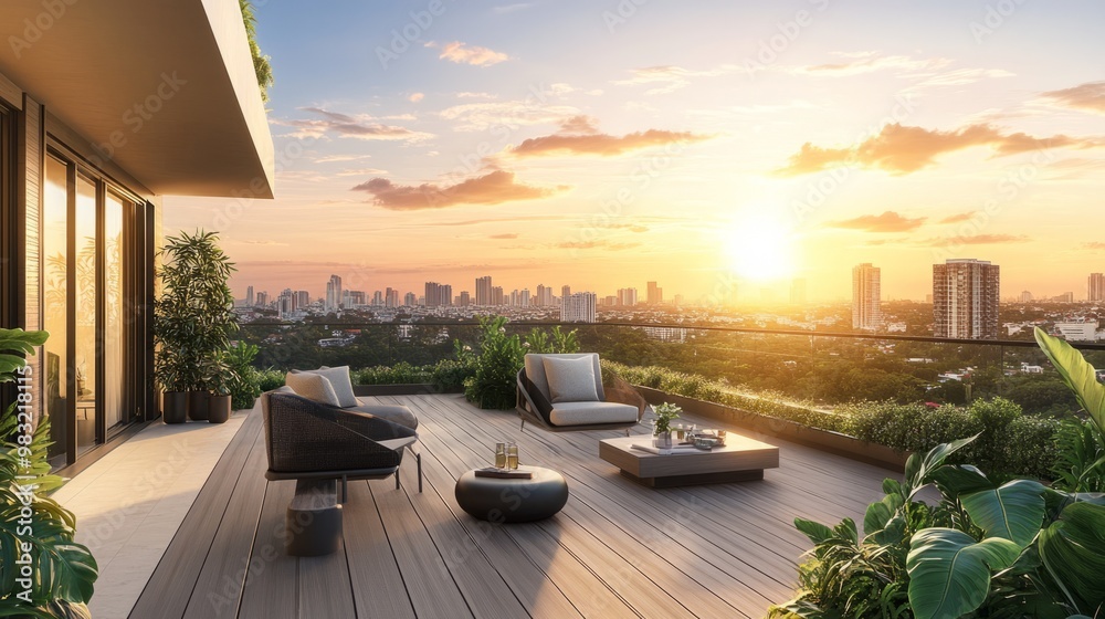 Fototapeta premium Modern Outdoor Living Space with Sunset View