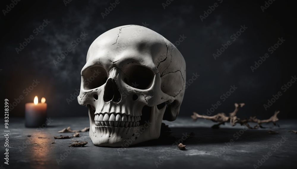 A haunting still life featuring a cracked skull and flickering candle illuminating the shadows on an eerie tabletop at night A haunting still life featuring a cracked skull and flickering candle illuminating the shadows on an eerie tabletop at night