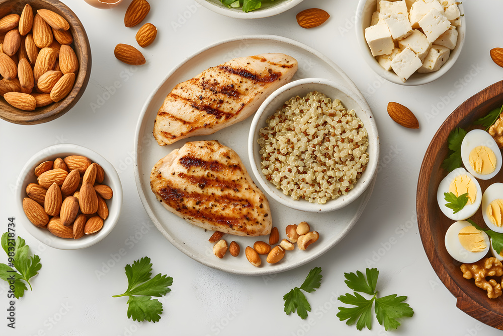 Assortment of Protein-Based Foods on a White Table Featuring Chicken, Tofu, Quinoa, Eggs, and Almonds Assortment of Protein-Based Foods on a White Table Featuring Chicken, Tofu, Quinoa, Eggs, and Almonds