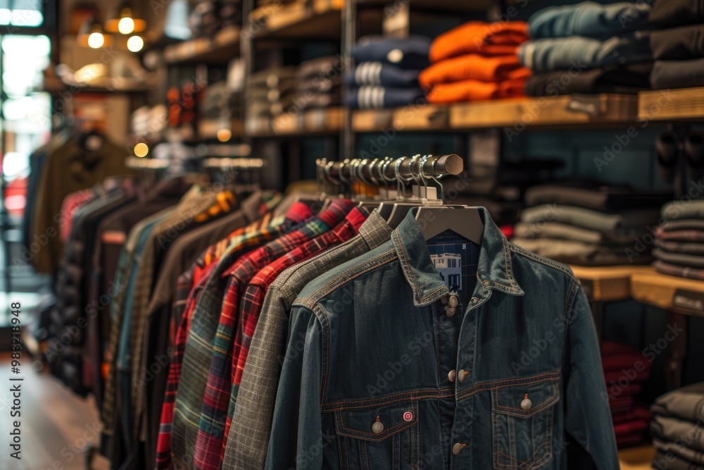 Cozy Clothing Store Interior with Denim Jackets and Plaid Shirts on Display Cozy Clothing Store Interior with Denim Jackets and Plaid Shirts on Display