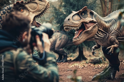 Close-up shot of a photographer capturing roaring dinosaurs in a forest, with detailed focus on one dinosaur in the foreground.