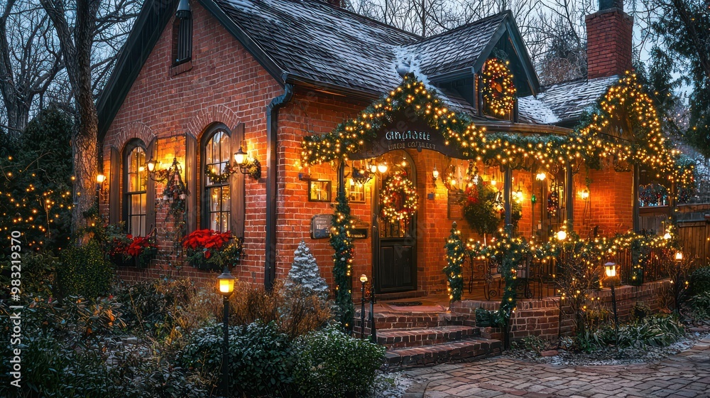 A quaint brick bed and breakfast decorated with holiday lights, offering a warm, inviting glow to travelers looking for a cozy stay during their winter travels A quaint brick bed and breakfast decorated with holiday lights, offering a warm, inviting glow to travelers looking for a cozy stay during their winter travels