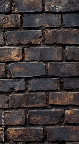 Textured dark brick wall with rusty highlights showing age and character in a...