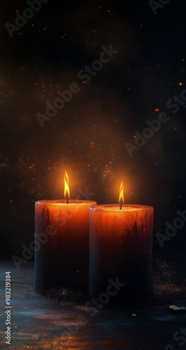 Soft glow of two burning candles against a dark background creating a serene ...