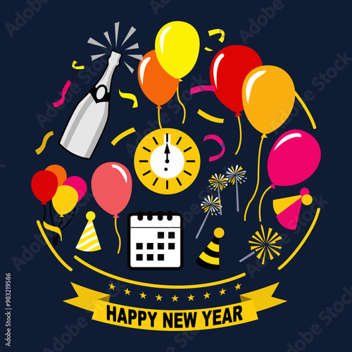 Illustration Happy New Year. Set of New Year elements: champagne, balloons, tinsel, Santa Claus hat, calendar, clock, fireworks, ribbons, etc.