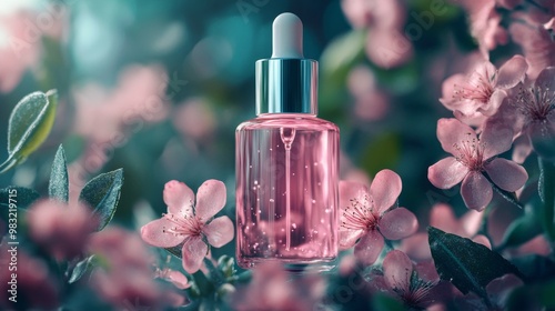 Elegant beauty serum bottle surrounded by blooming pink flowers on a soft pas...