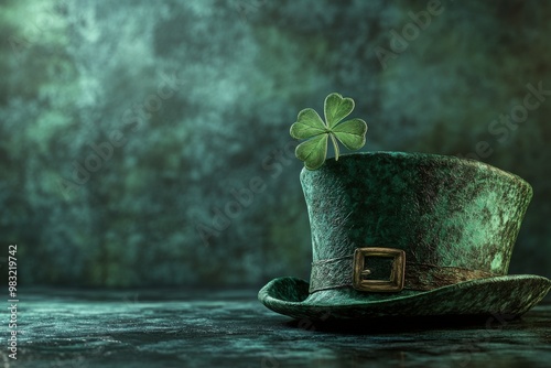 A vintage green top hat with a shamrock resting on its brim against a texture...