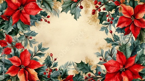 Festive holiday floral decoration with poinsettias and holly leaves on gold b...