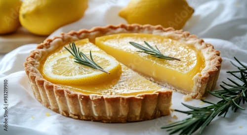 Freshly sliced lemon tart with lemon slices and a sprig of rosemary displayed...