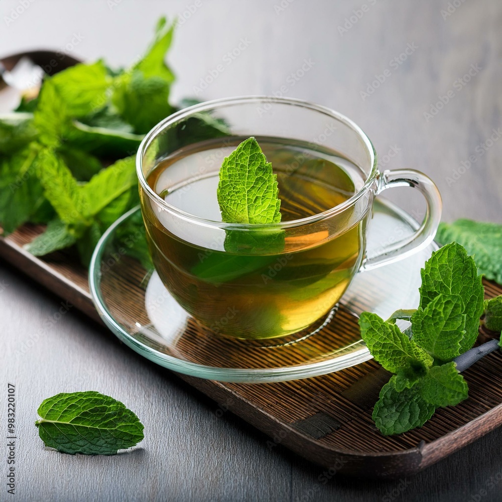 Fresh mint tea with fresh leaves close up Fresh mint tea with fresh leaves close up