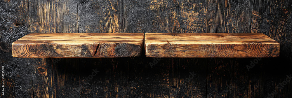 Rustic wooden shelves against a dark wood background. Rustic wooden shelves against a dark wood background.