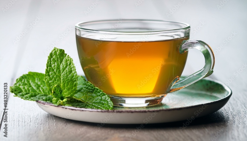 Fresh mint tea with fresh leaves close up Fresh mint tea with fresh leaves close up