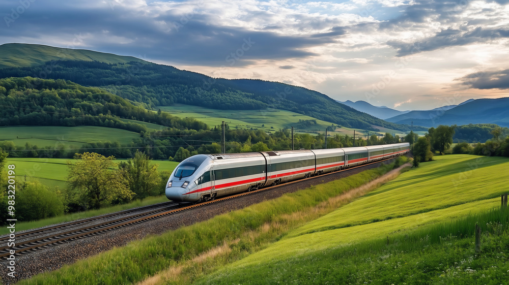 Fototapeta premium A sleek modern train races through lush green fields under a brilliant blue sky, showcasing the beauty of travel in a natural landscape