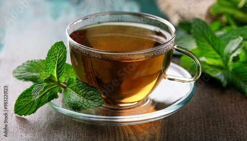 Fresh mint tea with fresh leaves close up