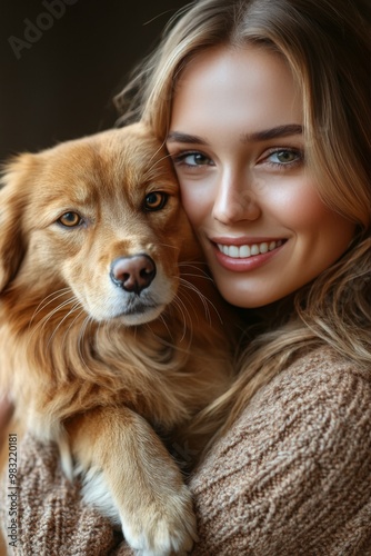 Young girl with long hair cuddling her golden dog in a cozy indoor setting du...