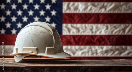 Rustic hard hat resting on wooden surface with American flag backdrop in a co...