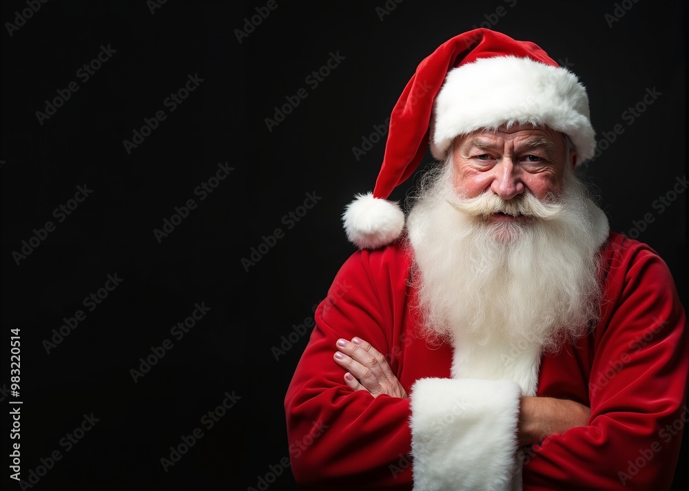 Santa Claus with confident expression posing with arms crossed against black background with copy space Santa Claus with confident expression posing with arms crossed against black background with copy space