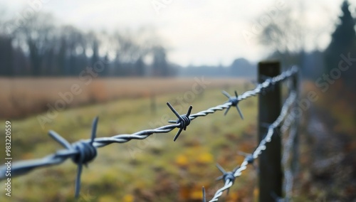Barbed wire fence along a rural field at dusk with gentle sunlight illuminati...