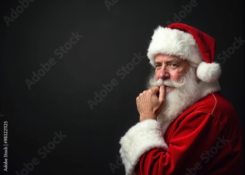 Santa Claus with thoughtful expression pondering against dark background with copy space