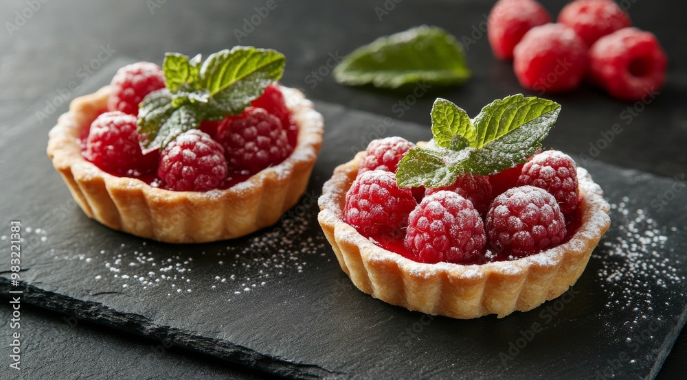 Delicious raspberry tartlets garnished with fresh mint and powdered sugar on a black plate Delicious raspberry tartlets garnished with fresh mint and powdered sugar on a black plate