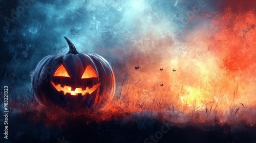 A carved pumpkin sits against an abstract background, celebrating Halloween d...
