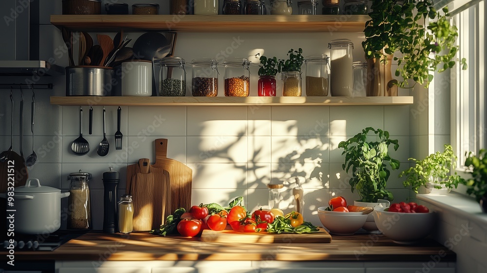 warm sunny kitchen background with fresh food
