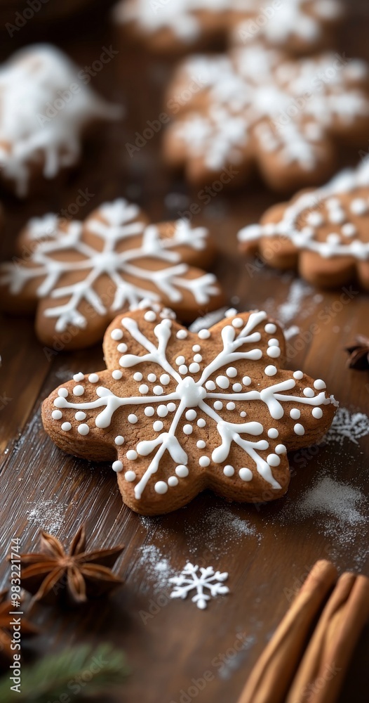 Homemade snowflake-shaped cookies decorated with icing on a wooden surface with spices Homemade snowflake-shaped cookies decorated with icing on a wooden surface with spices