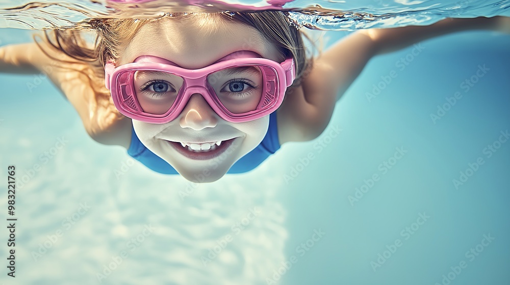 Fototapeta premium a smiling girl swimming underwater in a pool, looking at the camera, wearing pink goggles and a blue outfit, 