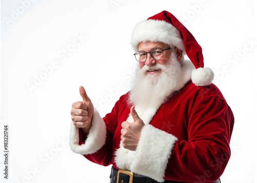 Santa Claus with cheerful expression giving thumbs up against white background with copy space photo