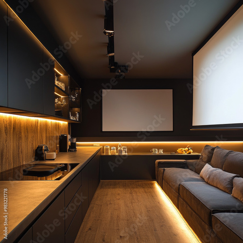 A kitchen with countertops, a sofa, and a projector screen.