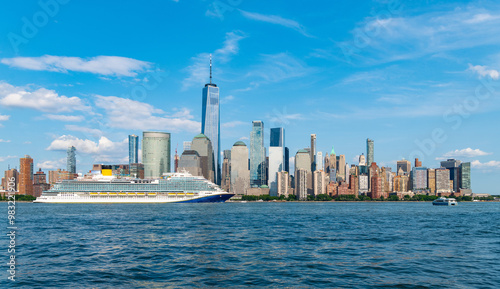 new york. Cruise ship York. Skyline of New York Manhattan cruising on the Hudson River cruise liner. New york cruise lines ships vacation