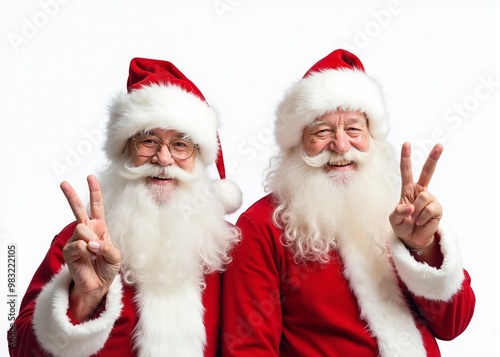 Two jolly Santa Clauses smiling and making peace signs against white background