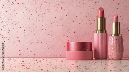 Pink cosmetic products creatively arranged against a textured pink backdrop w...