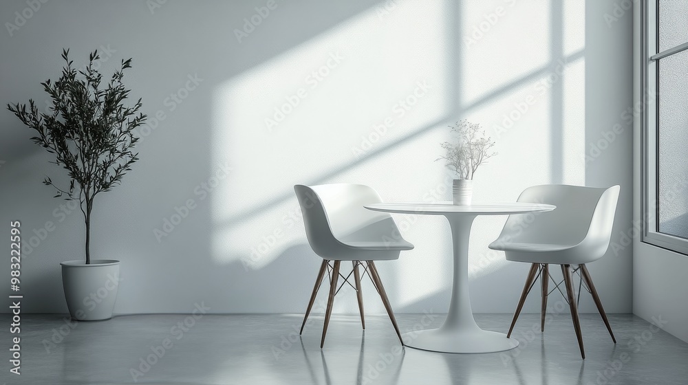 A sleek round table surrounded by contemporary chairs is bathed in soft light from a large window A sleek round table surrounded by contemporary chairs is bathed in soft light from a large window