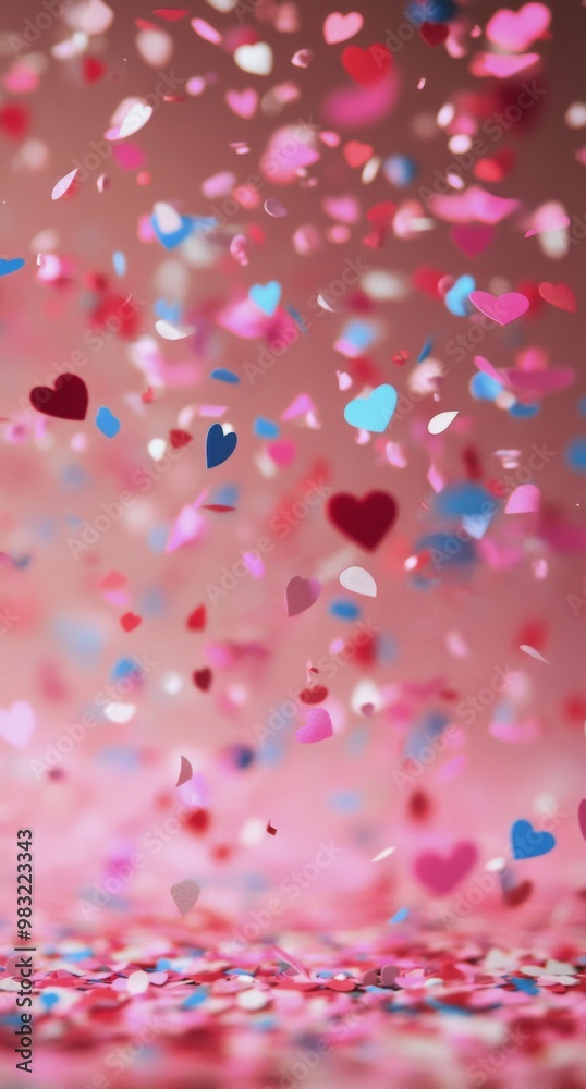 Colorful heart-shaped confetti falls gracefully during a celebration event in a festive setting