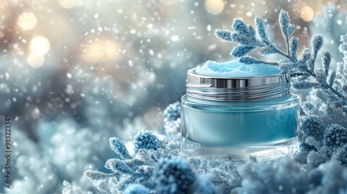 Winter skincare cream jar surrounded by snowflakes and icy blue foliage in a ...