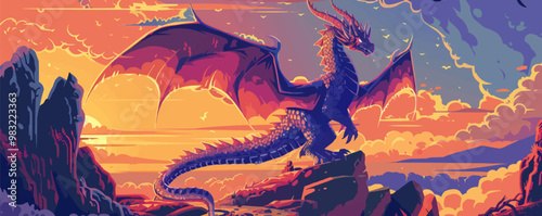 A dragon is perched on a rock in a colorful sky. The dragon is surrounded by clouds and the sky is a mix of warm and cool colors. Concept of adventure and wonder
