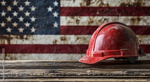 Red hard hat resting on a wooden table in front of an American flag backdrop ...