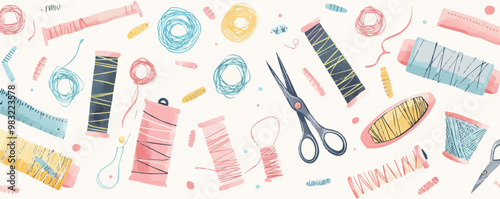 A colorful and whimsical design of sewing supplies, including scissors, thread, and measuring tape. Concept of creativity and craftsmanship, inviting the viewer to explore the world of sewing