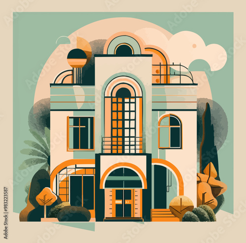 A colorful house with a green tree in front of it. The house has a lot of windows and a balcony