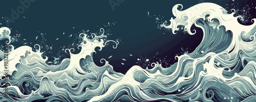 A wave is shown in a blue background with a white crest. The wave is very large and has a lot of detail, including small ripples and foam