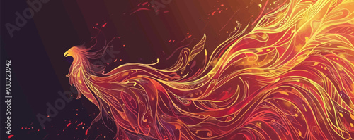 A fiery, long tail of a bird with a red and orange color scheme. The image is a work of art, with a sense of movement and energy