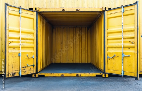 Bright yellow shipping container with wide open doors in an industrial area d...
